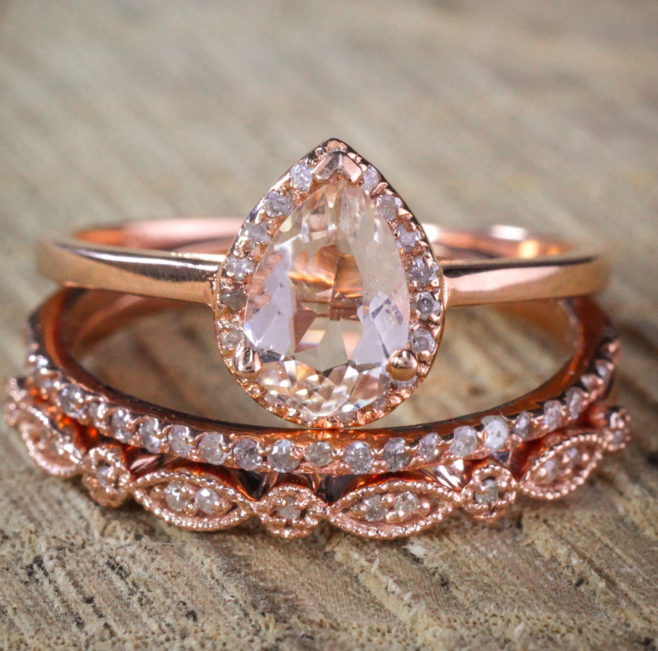 2.25 carat Pear shape Morganite and Diamond Halo Trio Bridal Wedding Ring Set Antique Vintage Design Milgrain in Rose Gold for Women